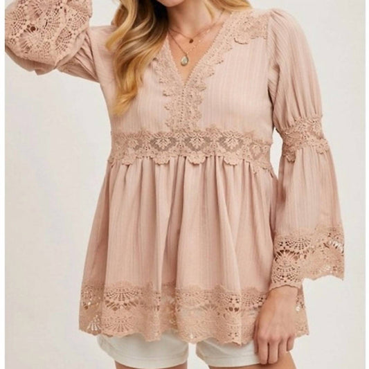 Bluivy - Lace Trimmed Bell Sleeve V-neck Blouse