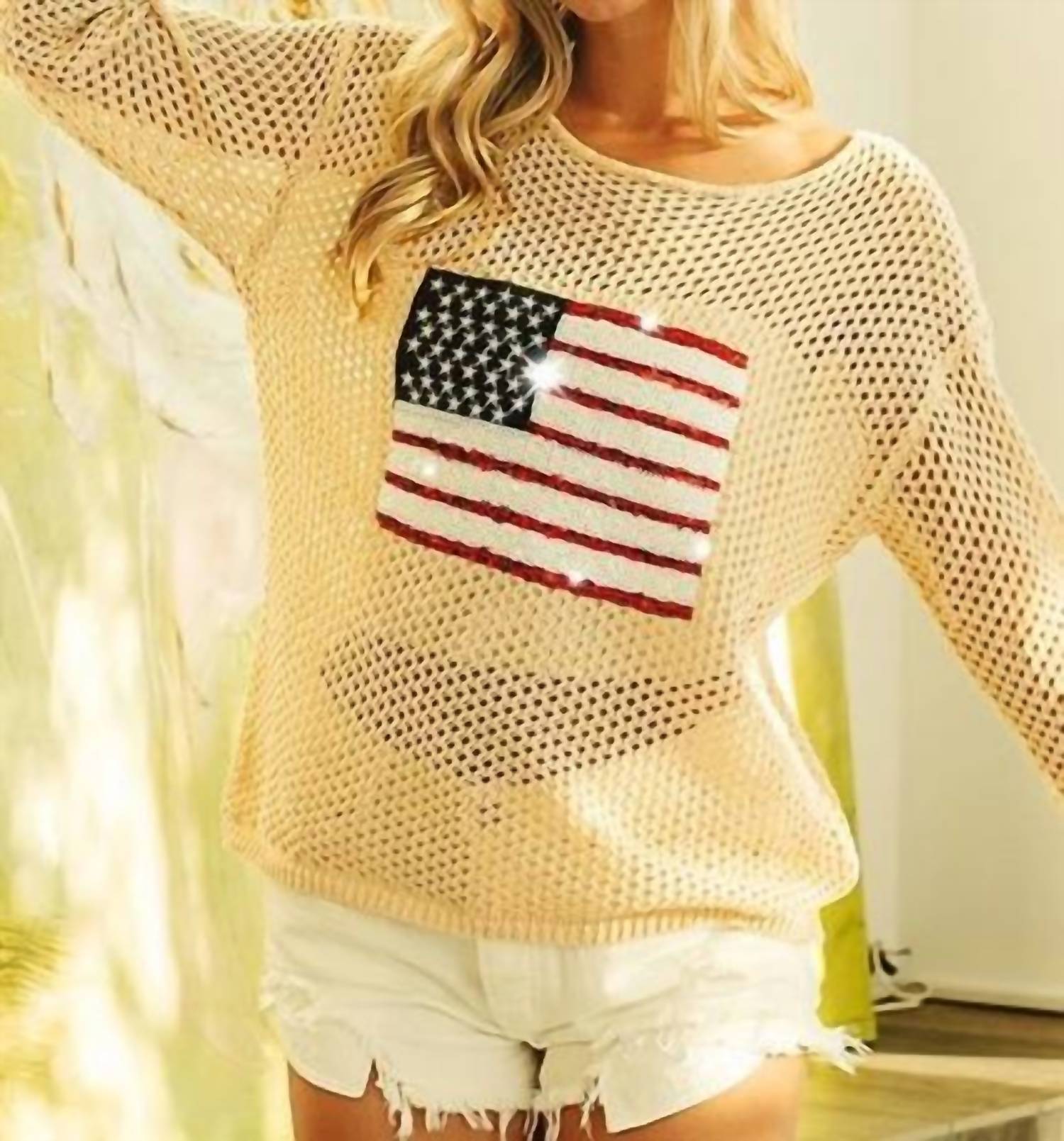 Bibi - Sequin American Flag Patch Cover Up Tee