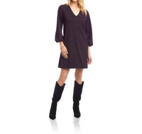 Karen Kane Blouson Sleeve Metallic Knit V-Neck Dress in eggplant - women's dress
