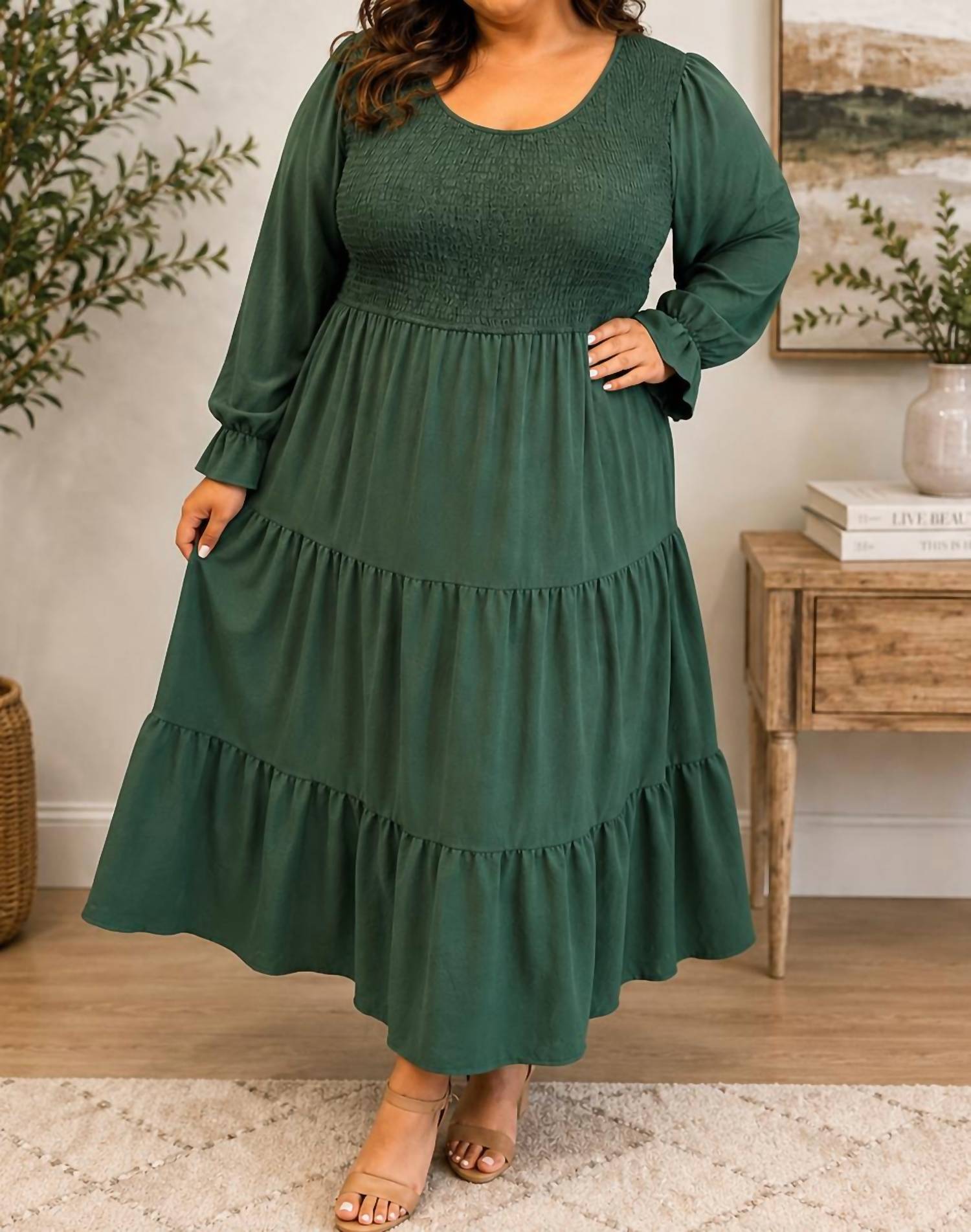 Haptics - V-neck Smocked Maxi Dress - Plus