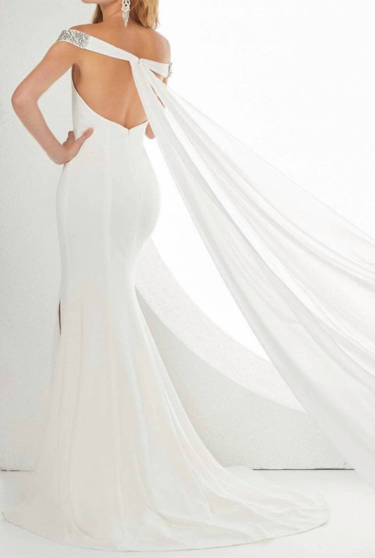 Panoply - Women's Cape Cascade Plunging Mermaid Gown