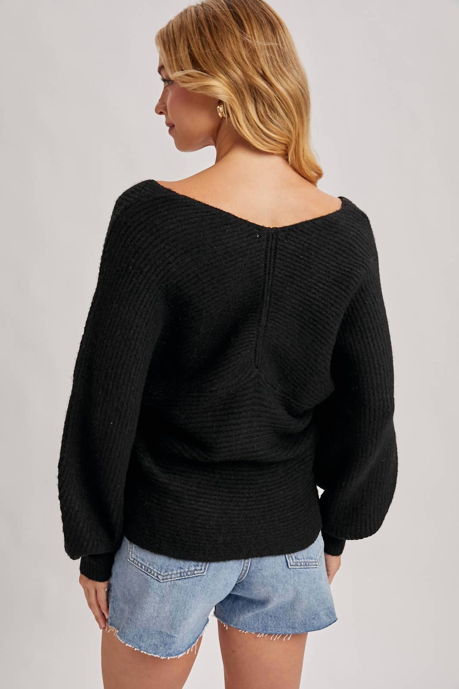 BluIvy Wrap Crossover Ribbed Sweater Top in black - women's sweater - alternate view