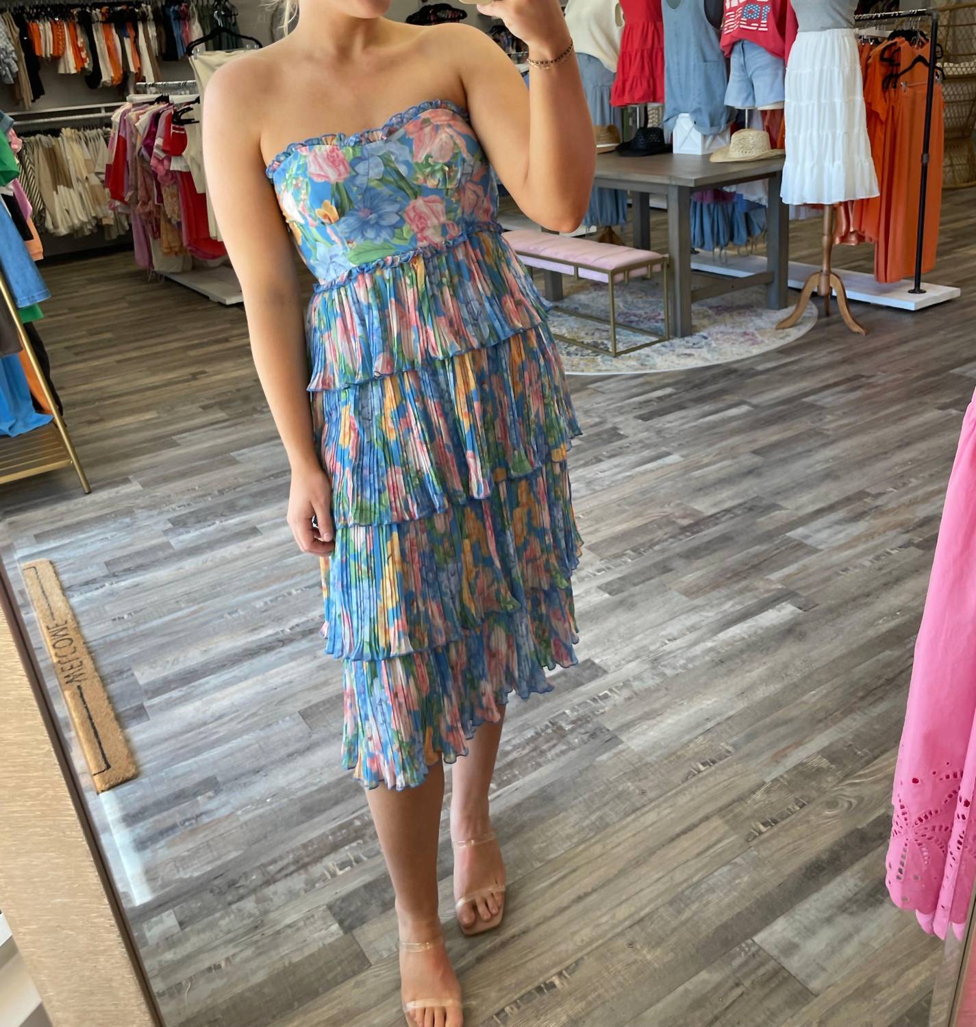 Olivaceous - Pleated Strapless Floral Dress