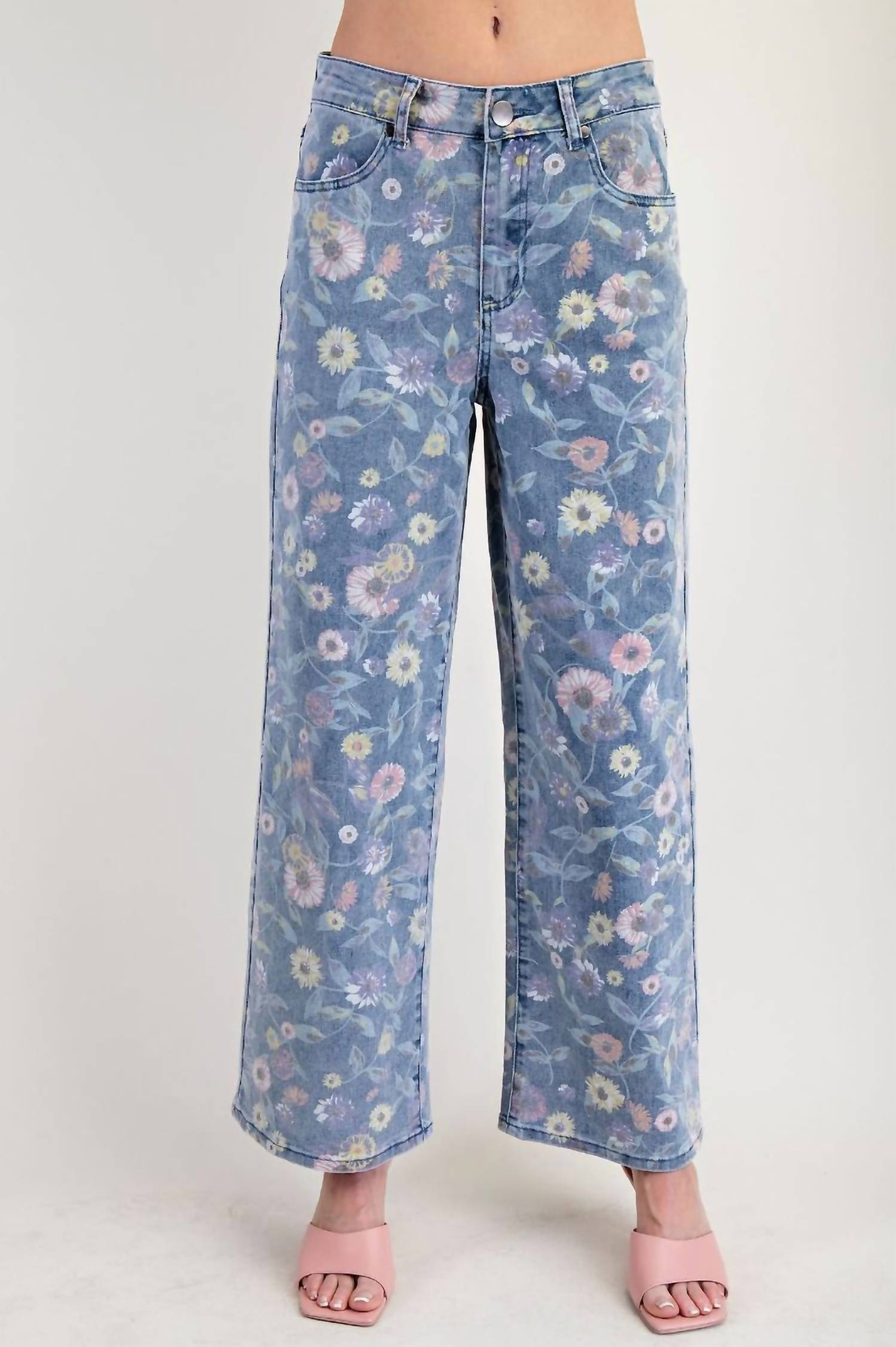 Easel - Floral Print Twill Pants