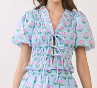 Tcec - Floral Print Ruffle Trim Puff Sleeve Tie Front Top