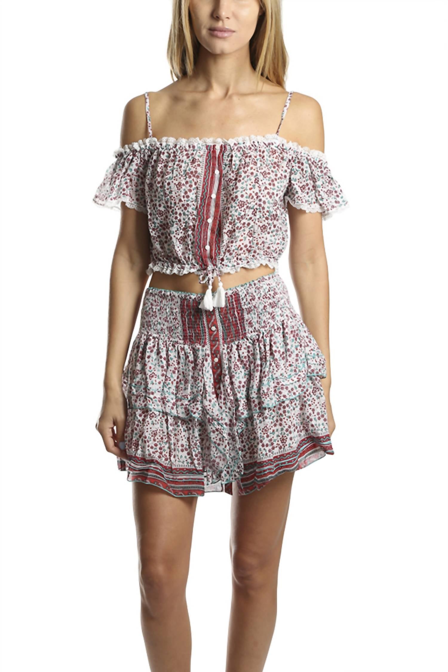 Poupette St Barth Mini Honey Top Blouse in white pink cotton tropical - women's blouse