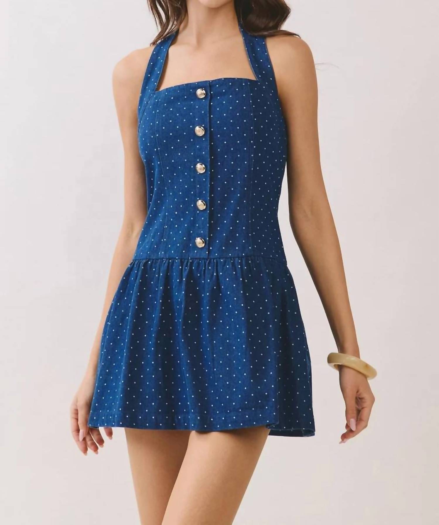 Tcec - Denim Polka Dot Back Smocked Halter Mini Dress
