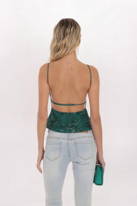 Lucy in the Sky SEQUIN EMBROIDERED OPEN BACK TOP in the sky sequin embroidered open back top in green - women's tank top - detail view