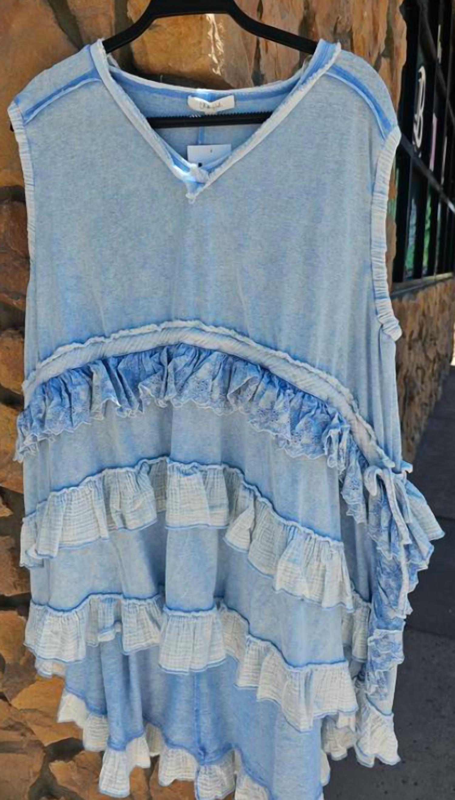 Oli & Hali - Women's Washed Sleeveless Tiered Contrast Ruffle Tunic Top