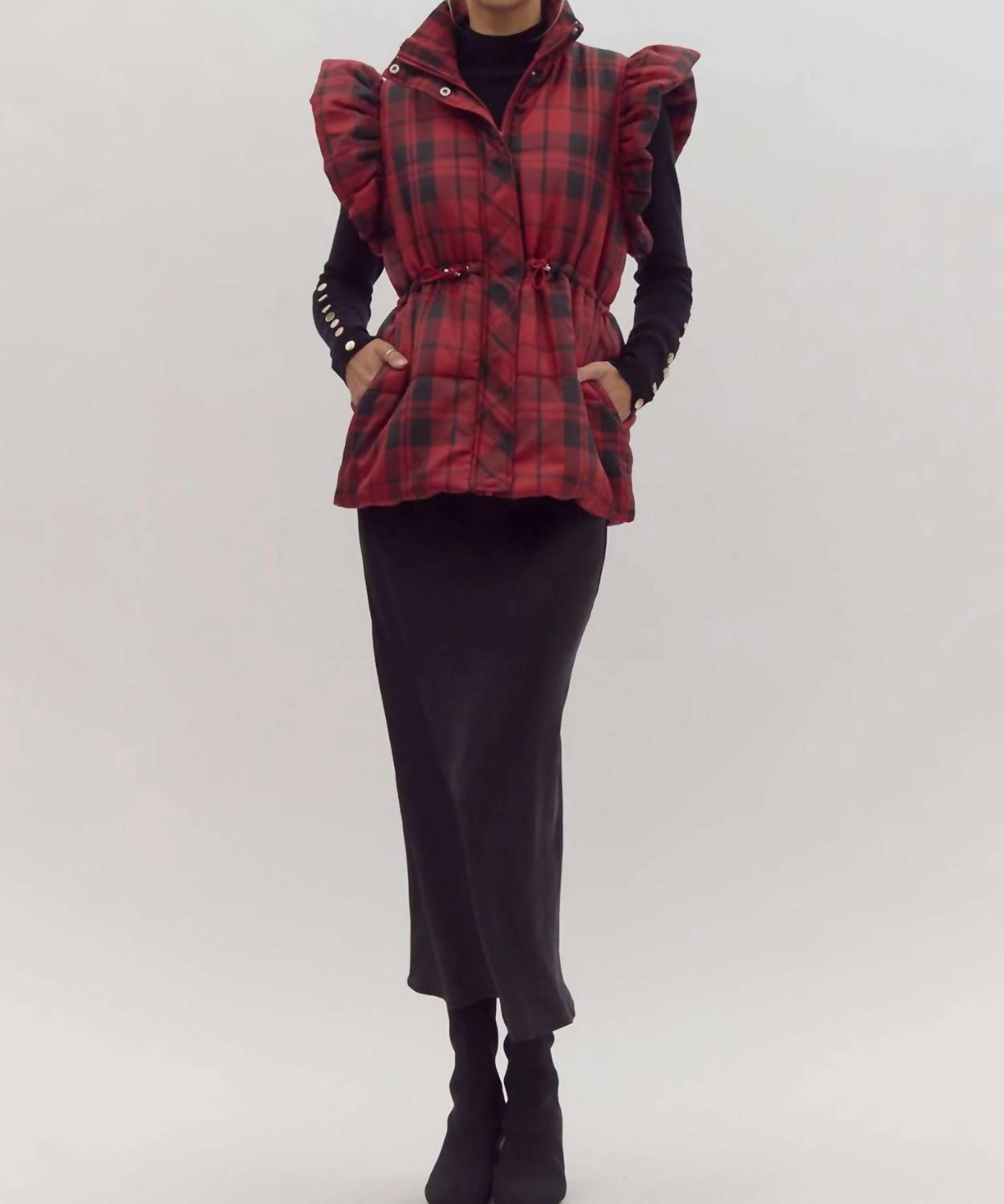 Entro - Plaid Pattern Toggle Waist Puffer Vest