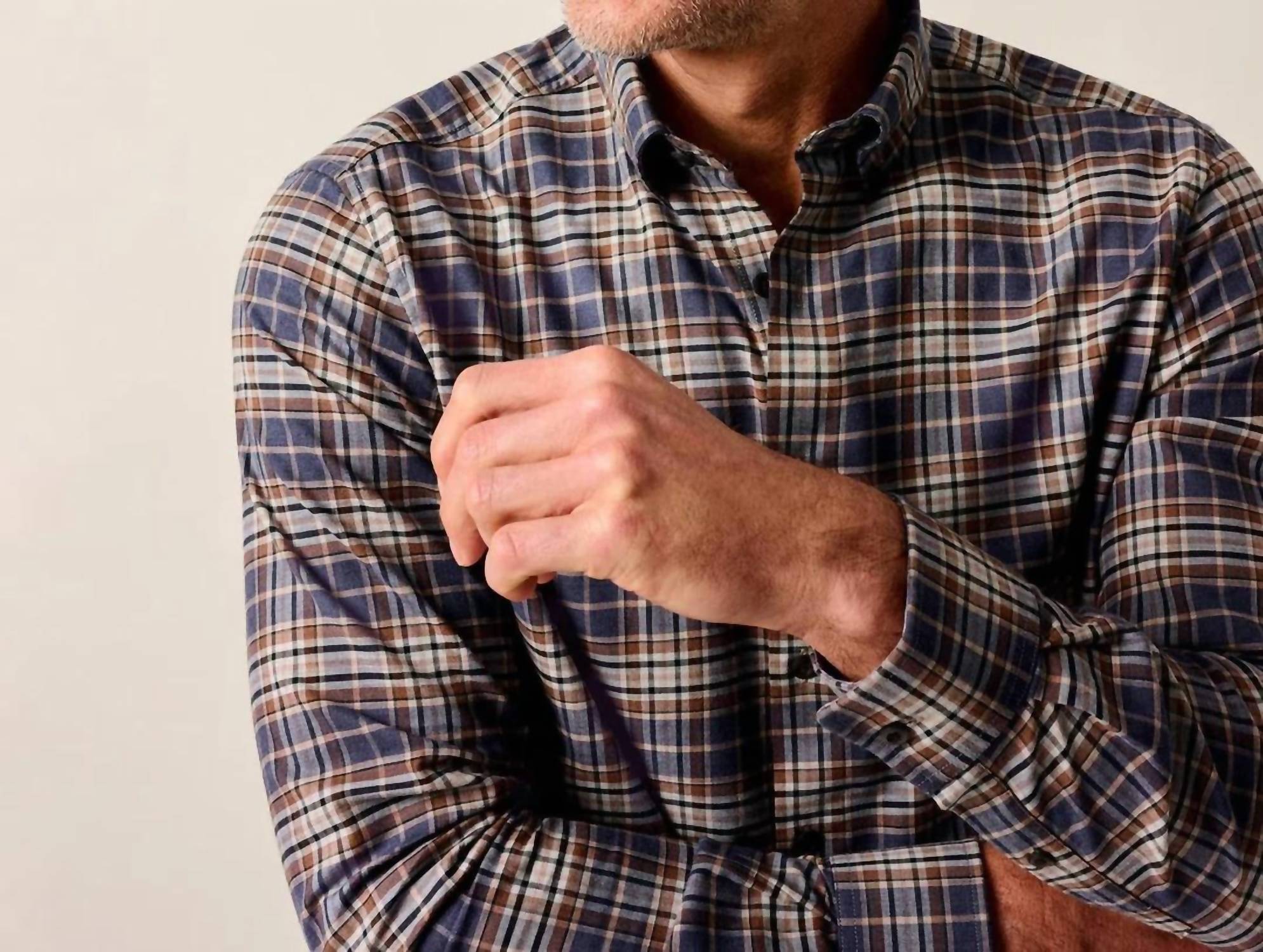JOHNNIE-O Kamper Performance Flannel Shirt in charcoal - men's shirt - detail view