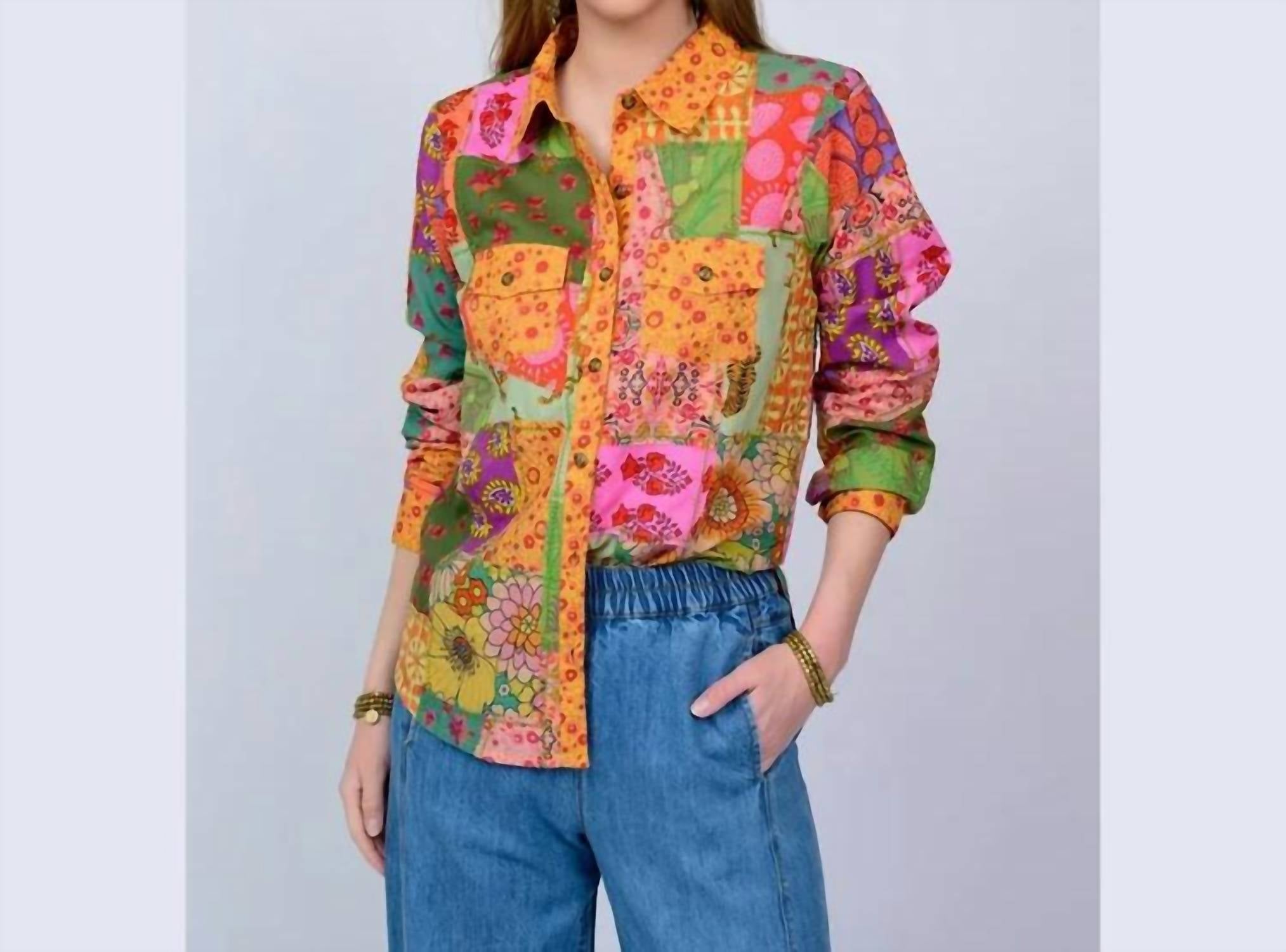 Ivy Jane Delilah Patchwork Camp Shirt in multi - women's long sleeve top