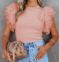 Lovesoft - Dotty Mesh Ruffle Sleeve Ribbed Knit Top