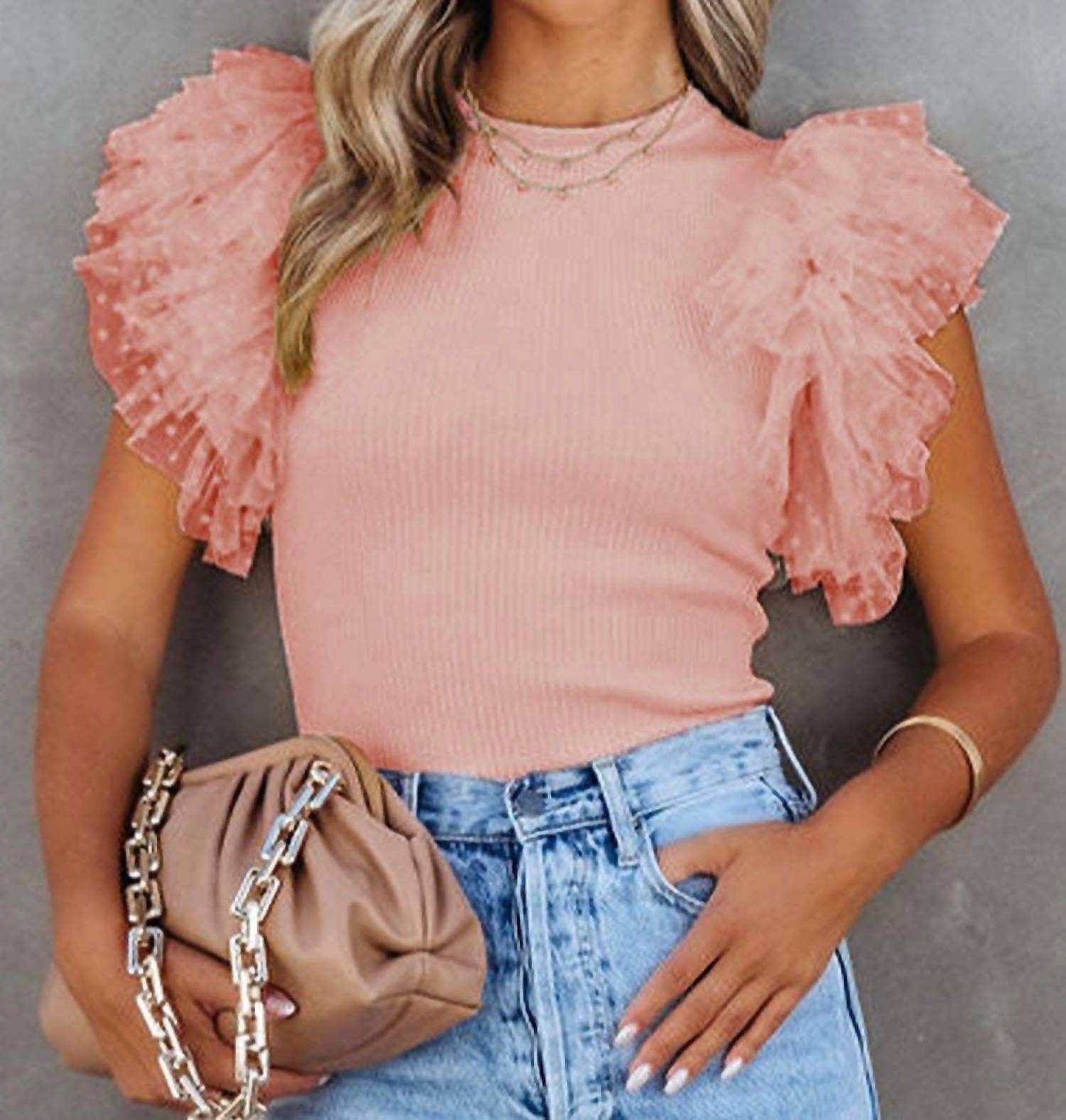 Lovesoft - Dotty Mesh Ruffle Sleeve Ribbed Knit Top