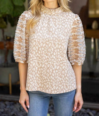Voy - Lace Half Puff Sleeve Animal Print Top