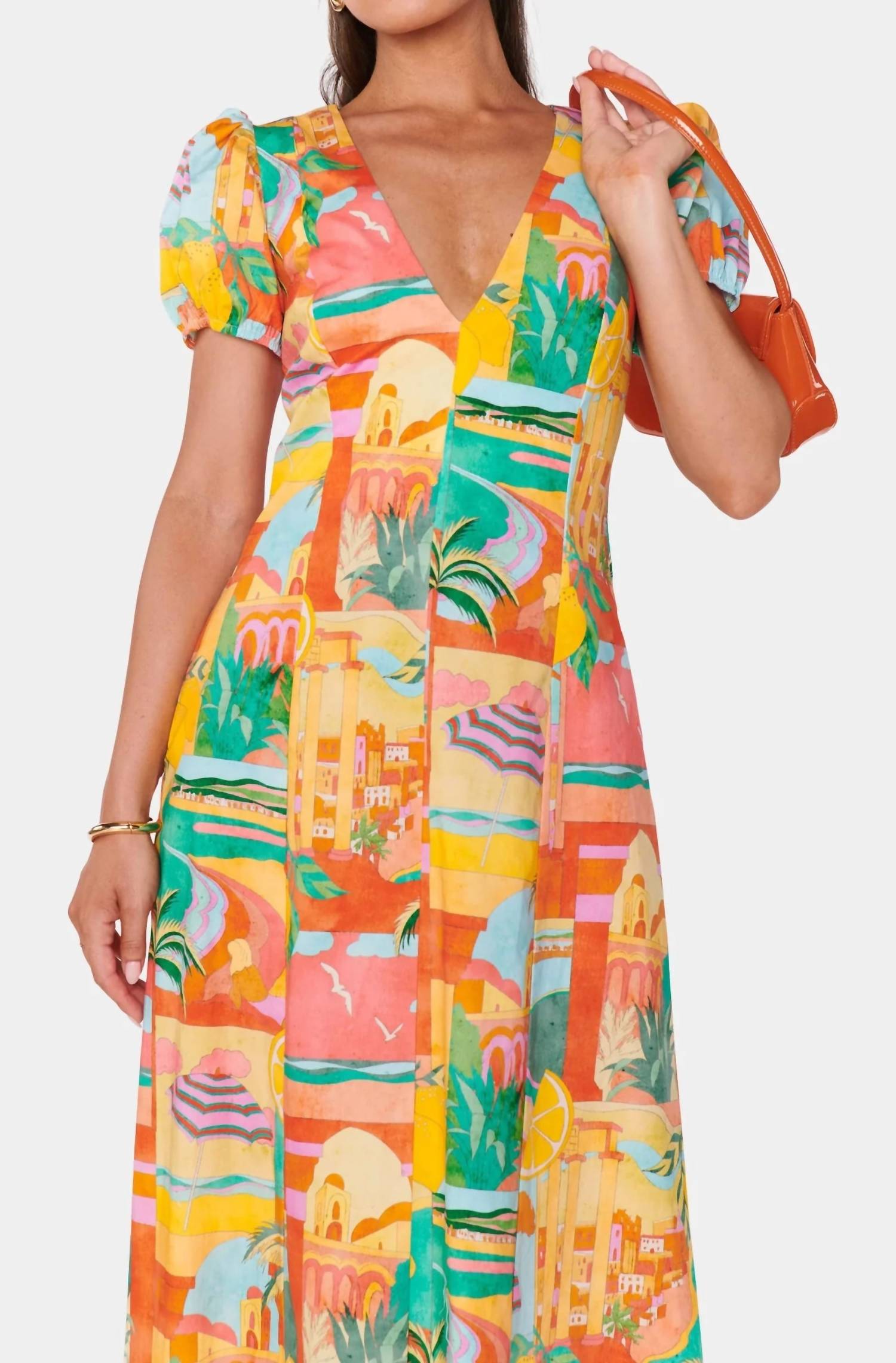 Show Me Your Mumu Winnie Maxi Dress in postcards from italia print - women's dress - detail view