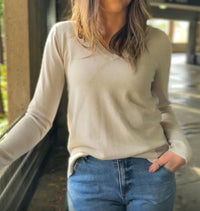 Pure Amici Long Sleeve V Neck Tee in latte - women's long sleeve top - alternate view