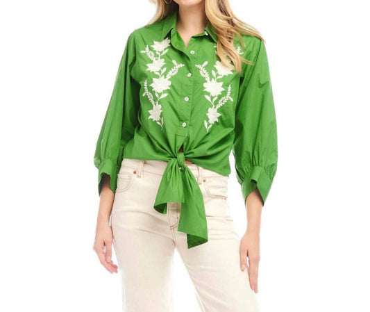 Karen Kane - Blouson Sleeve Embroidered Tie-Front Top