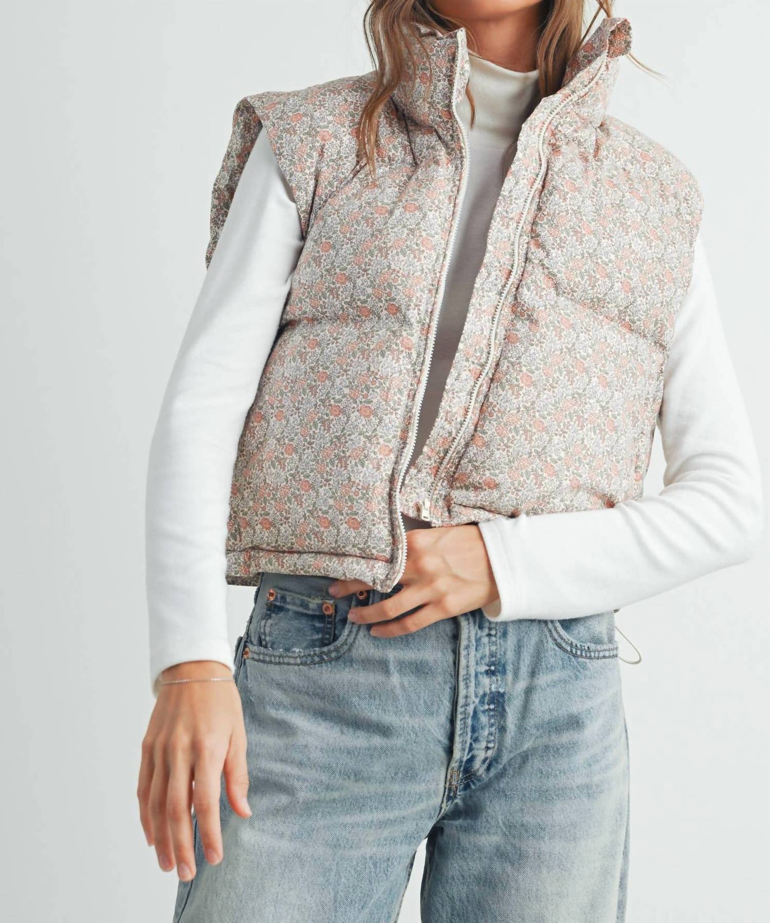 Buttermelon - High Neck Floral Puffer Vest