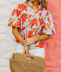 Thml - Striped Floral Puff Sleeve Top
