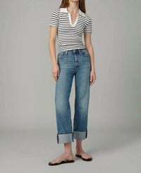 Joe's Jeans Jess Pointelle Polo Shirt in milk black stripe - women's t-shirt