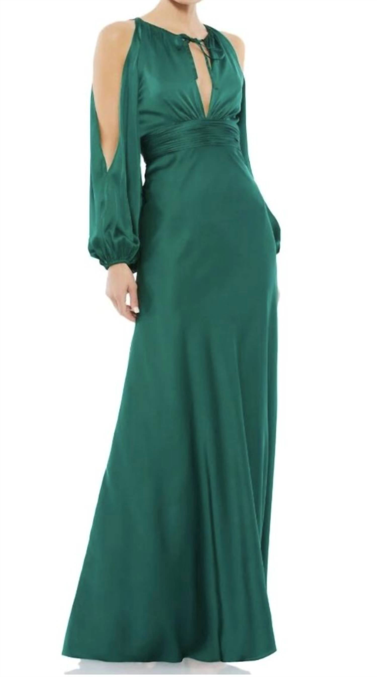 MAC DUGGAL Cold-shoulder Bishop Sleeve Keyhole Neck Dress in emerald - women's dress