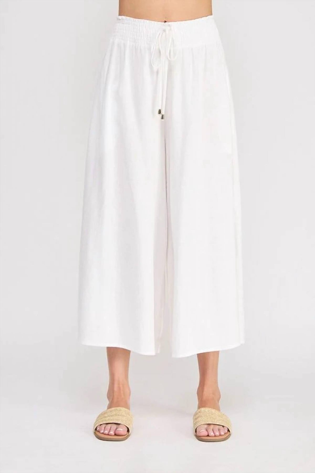 Allie Rose - Soft Linen Smocked Tie Waist Flowy Capri