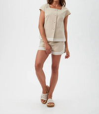 Trina Turk Valence Cap Sleeves Top in biarritz beige - women's blouse - detail view