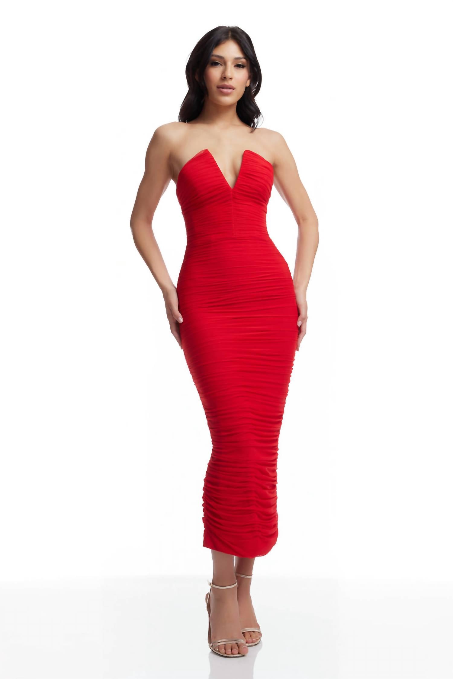 Dress The Population - Ferra Bodycon Rouched V Neck Strapless Dress