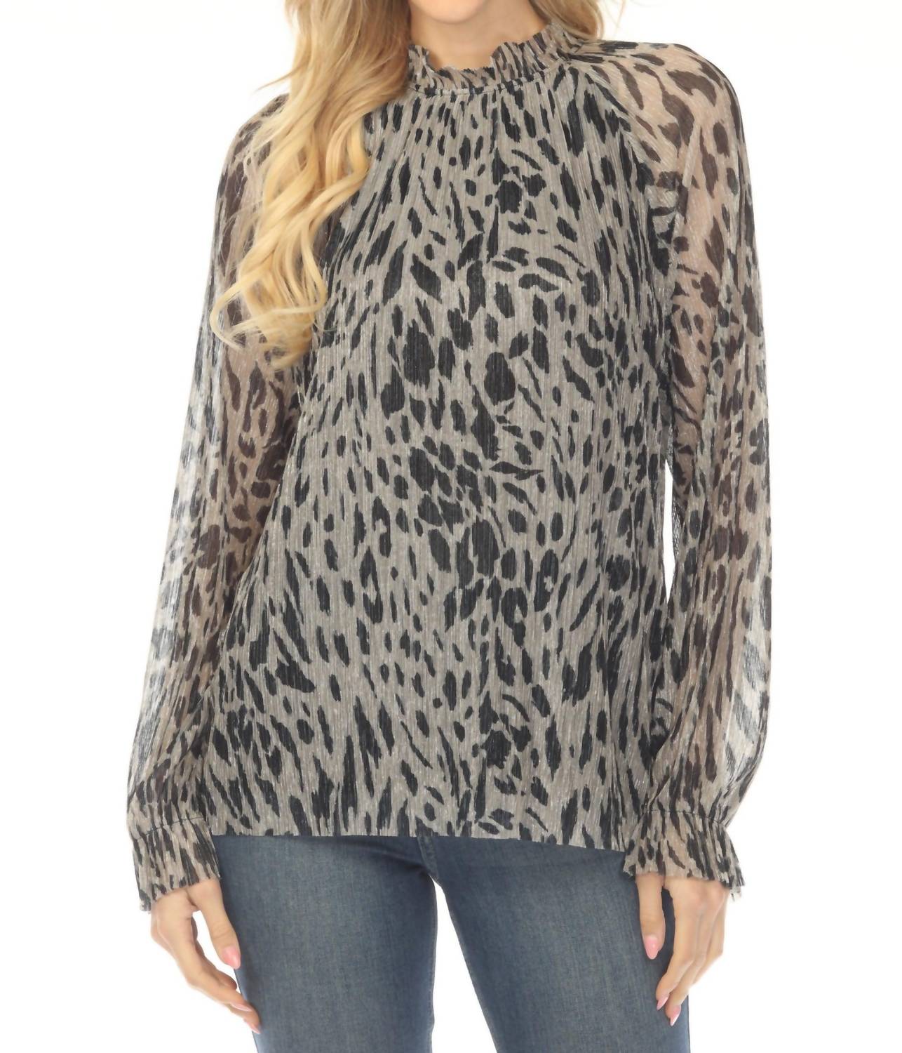 Joseph Ribkoff - Animal Print Pleated Metallic Mesh Blouse