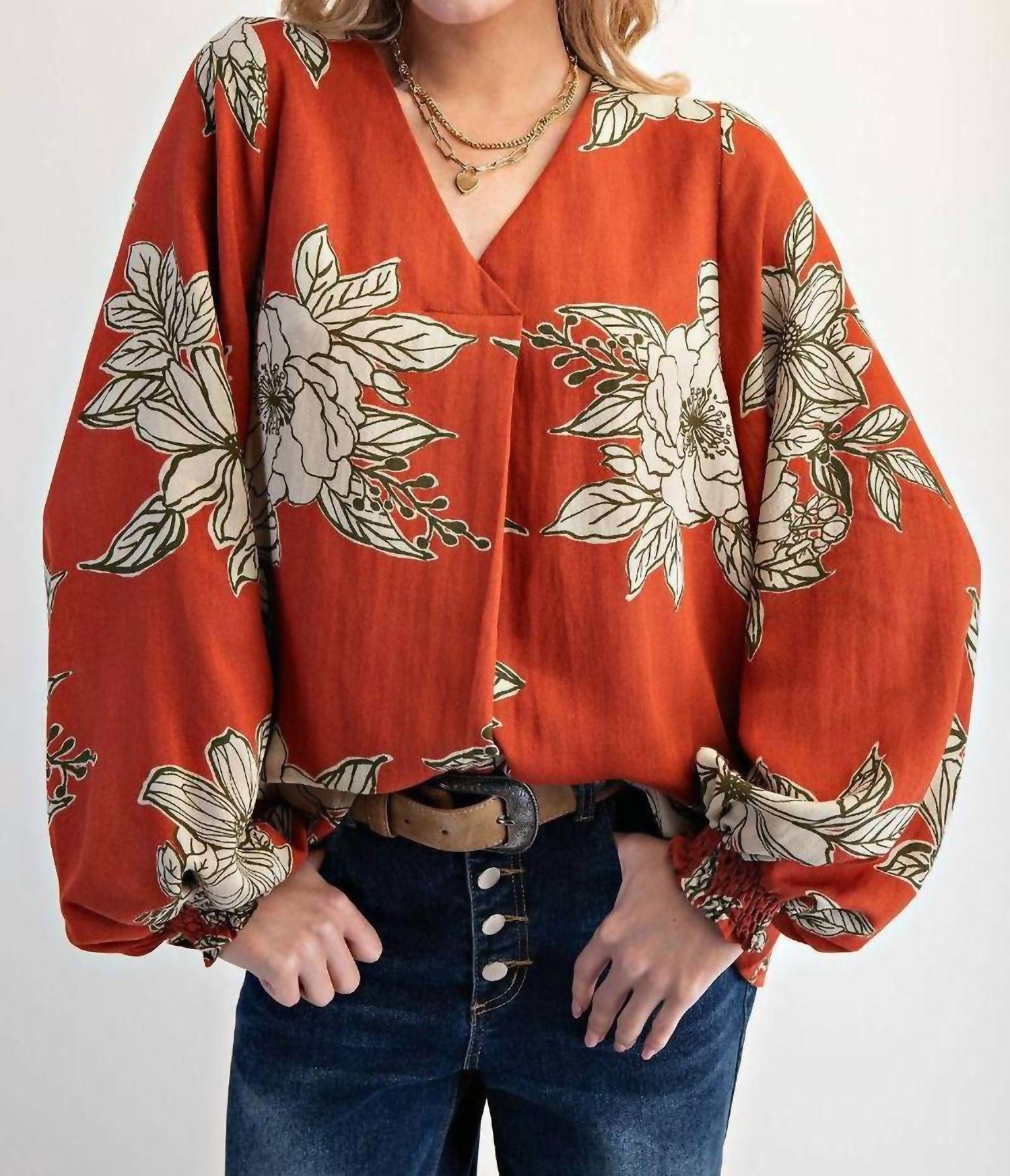Easel - Printed V Neck Loose Fit Top