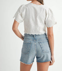 MABLE Floral Eyelet Linen-blend Tie-front Crop Blouse in white - women's blouse - alternate view