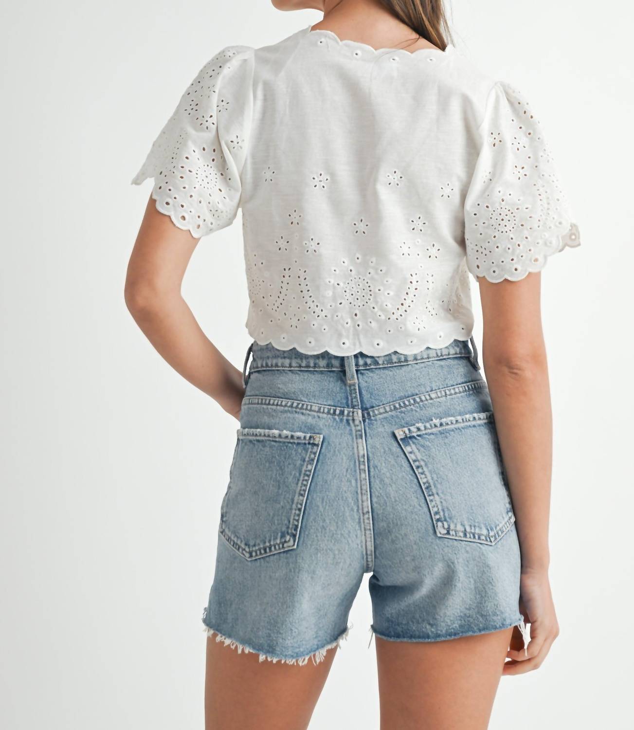 MABLE Floral Eyelet Linen-blend Tie-front Crop Blouse in white - women's blouse - alternate view