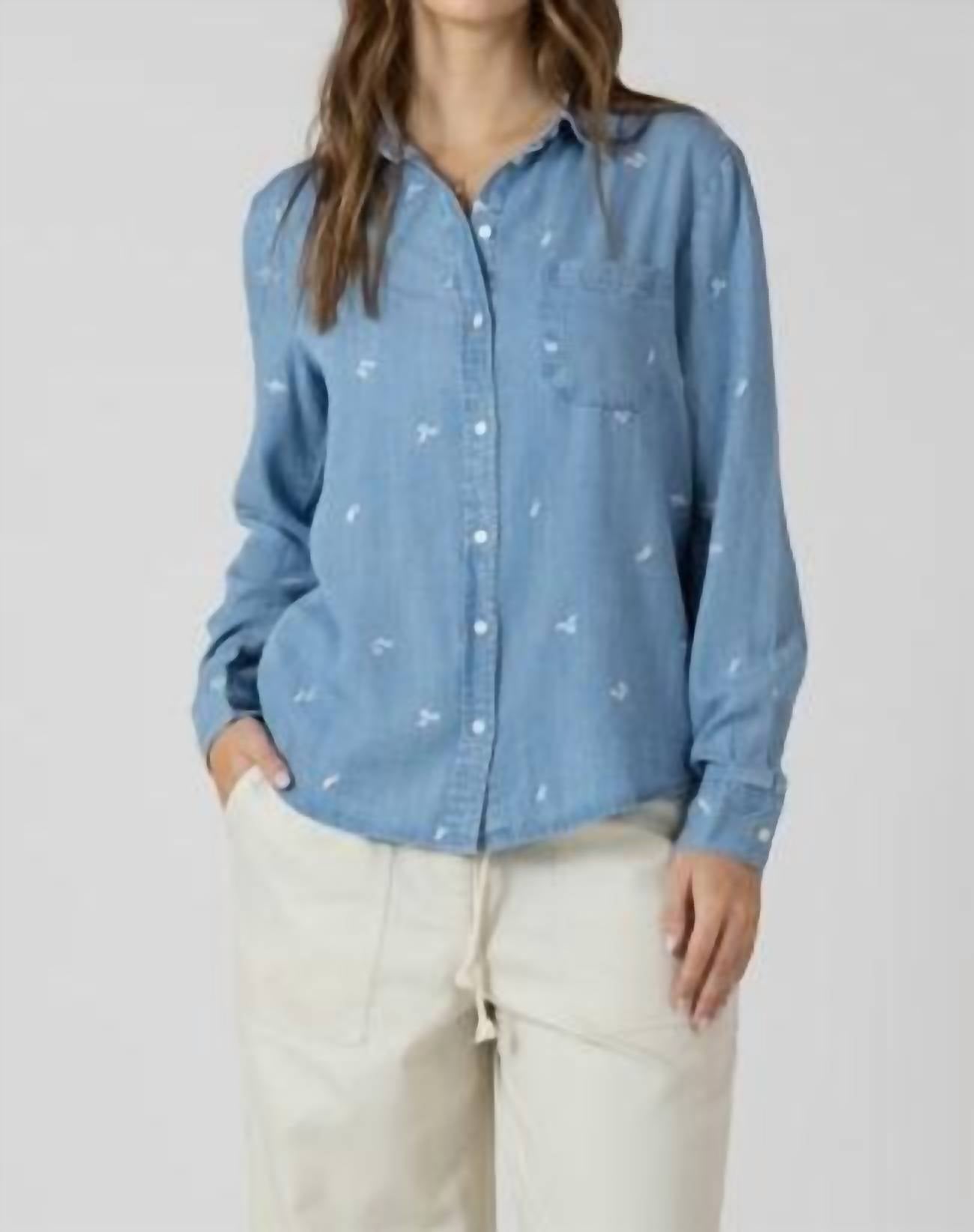 Dex Clothing Long Sleeve Collared Embroidered Shirt in chambray - women's shirt