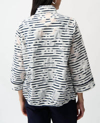 Joseph Ribkoff Jacquard Organza Stripped Bomber Jacket in off white navy - women's jacket - alternate view