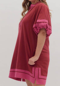 Entro - Solid Contrast Lantern Sleeves Slit Hem Split Collar Mini Dress - Plus