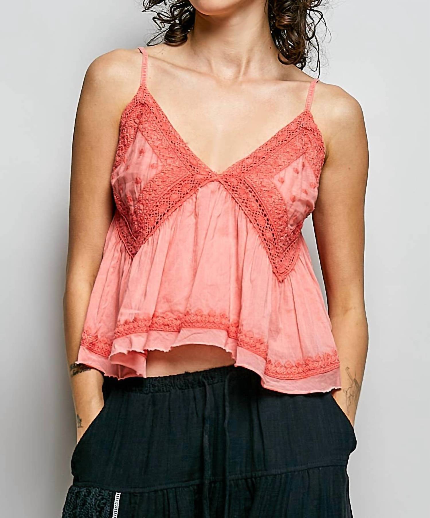 Pol - V-neck Sleeveless Embroidered Woven Top