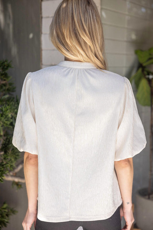 Voy - Casually Sweet Ribbon Tie Bubble Sleeve Top