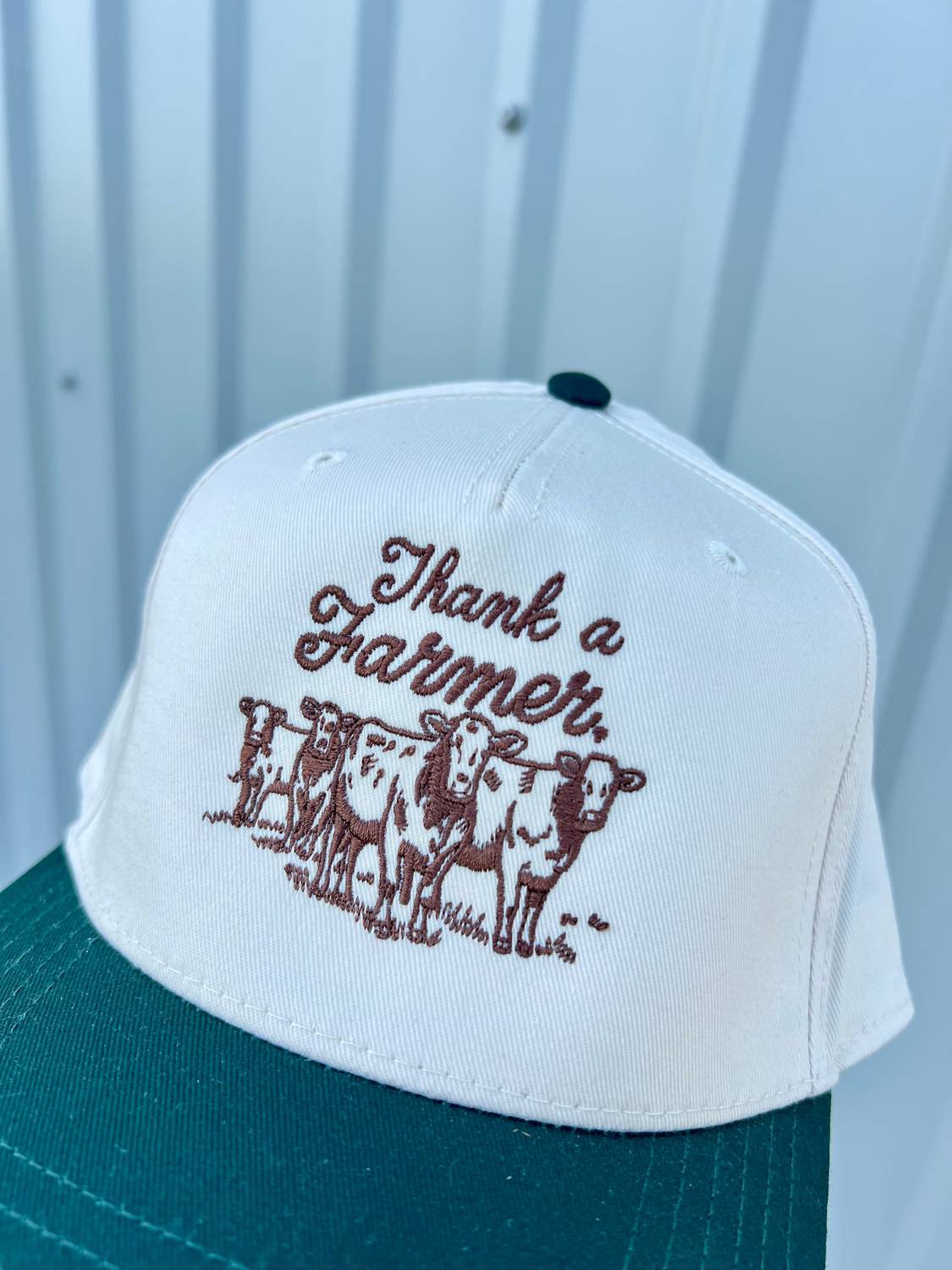 Charlie Grey Women's Thank A Farmer Trucker Hat in white - women's hat - detail view