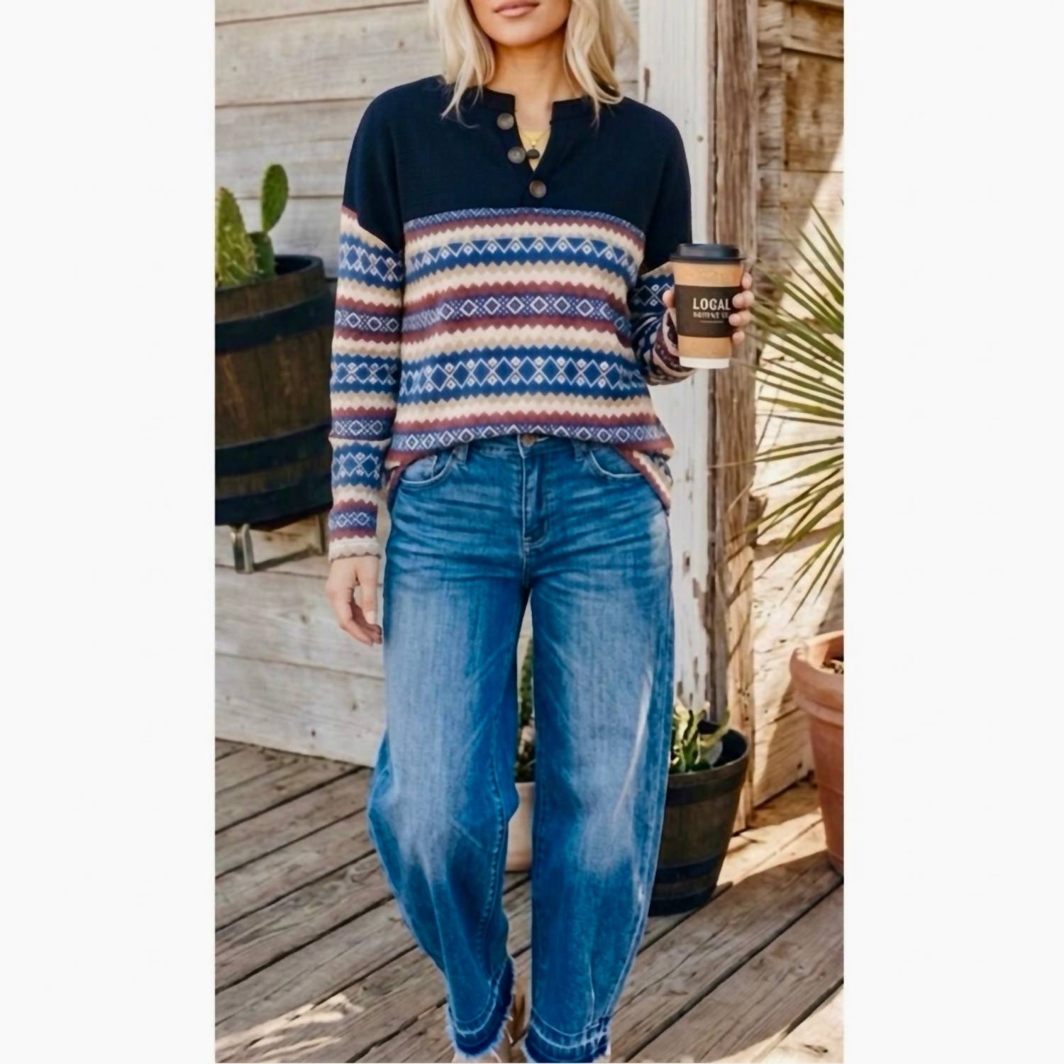 Southern Grace Sedona Sky Aztec Henley Pull Over Sweater in navy multi - women's sweater - alternate view