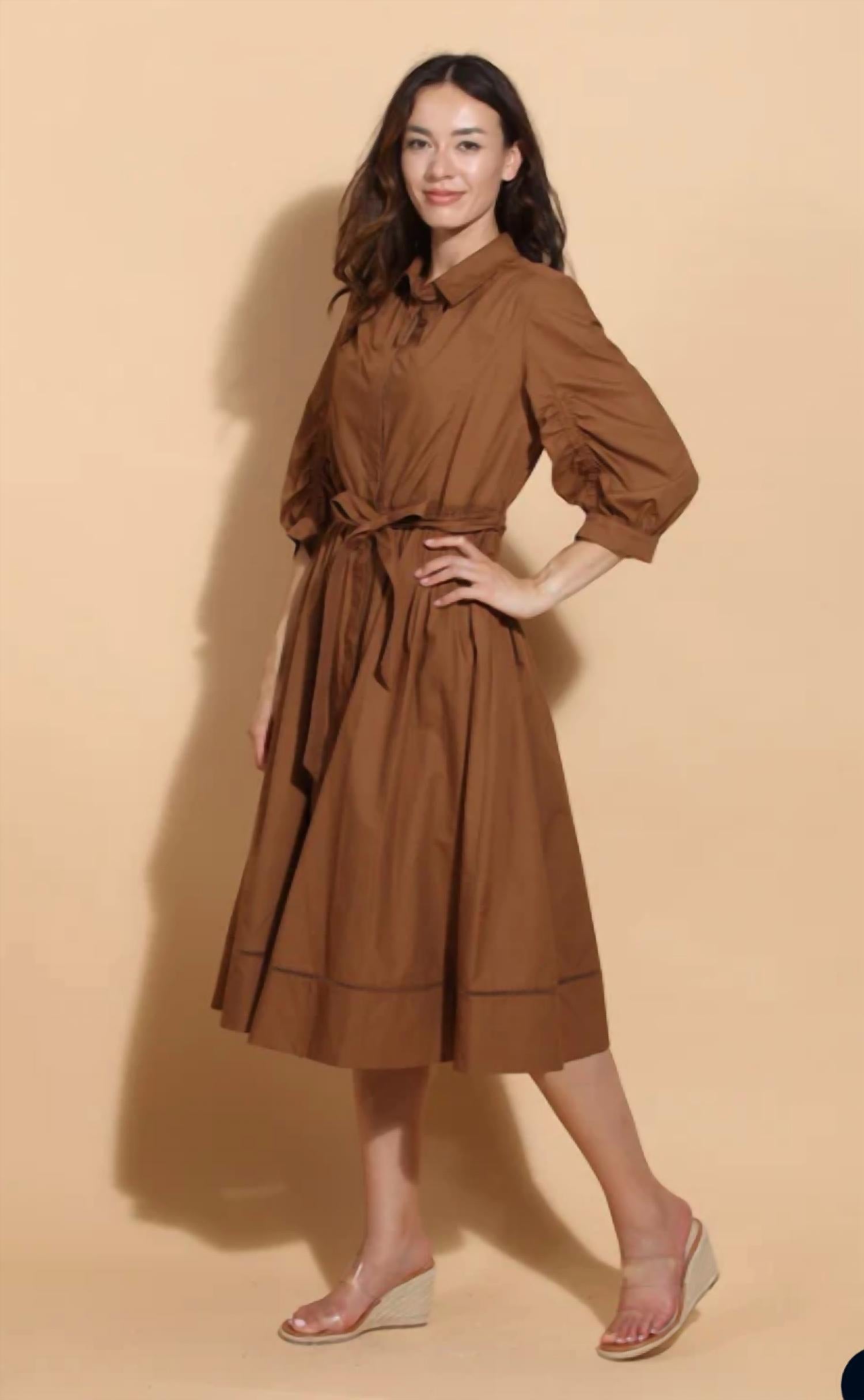 Jessie Liu - Cotton Shirt Dress with Rouching Sleeves