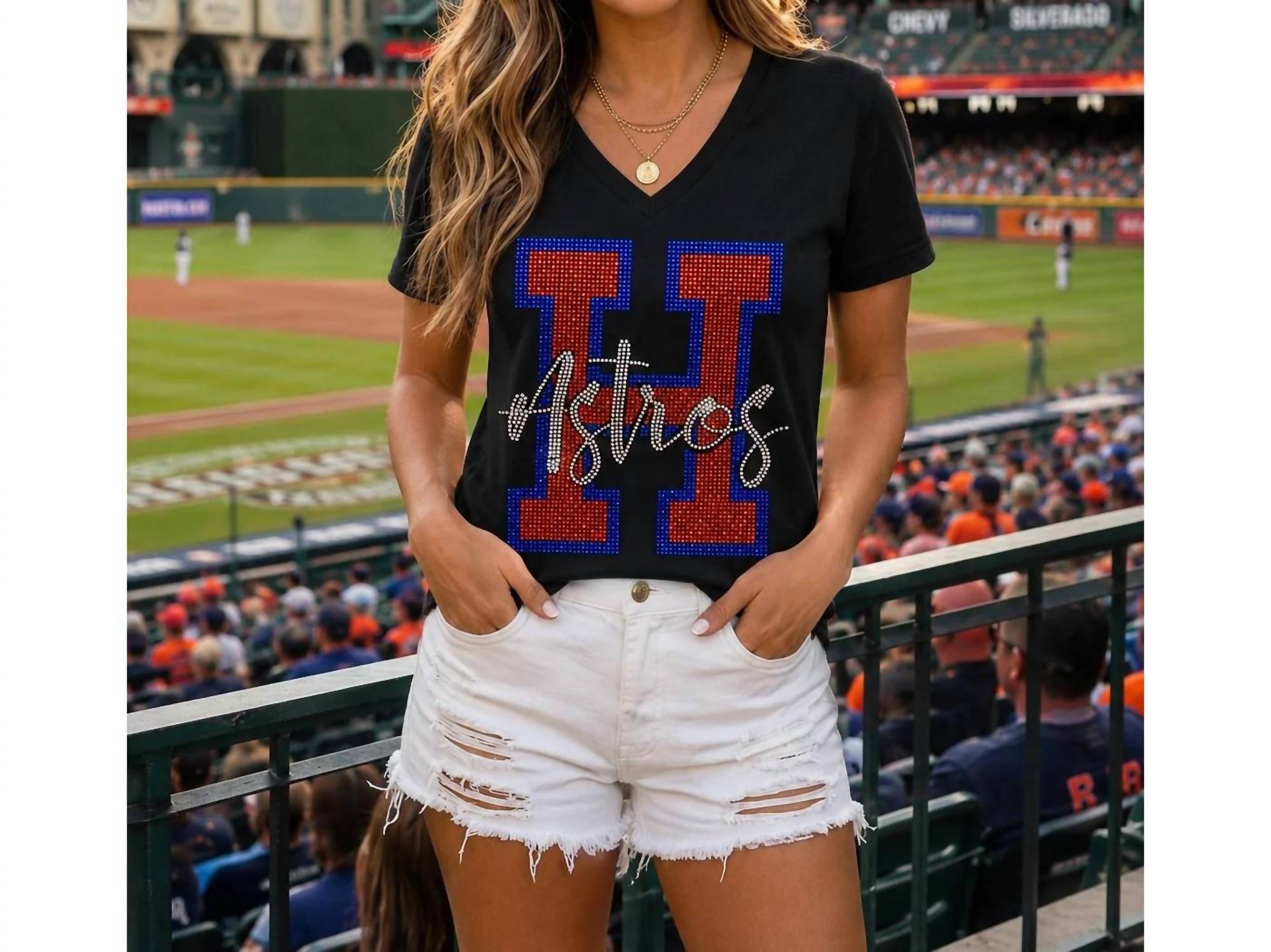 Crystallized By Sparkle - Houston Astros Rhinestone H V-Neck Tee