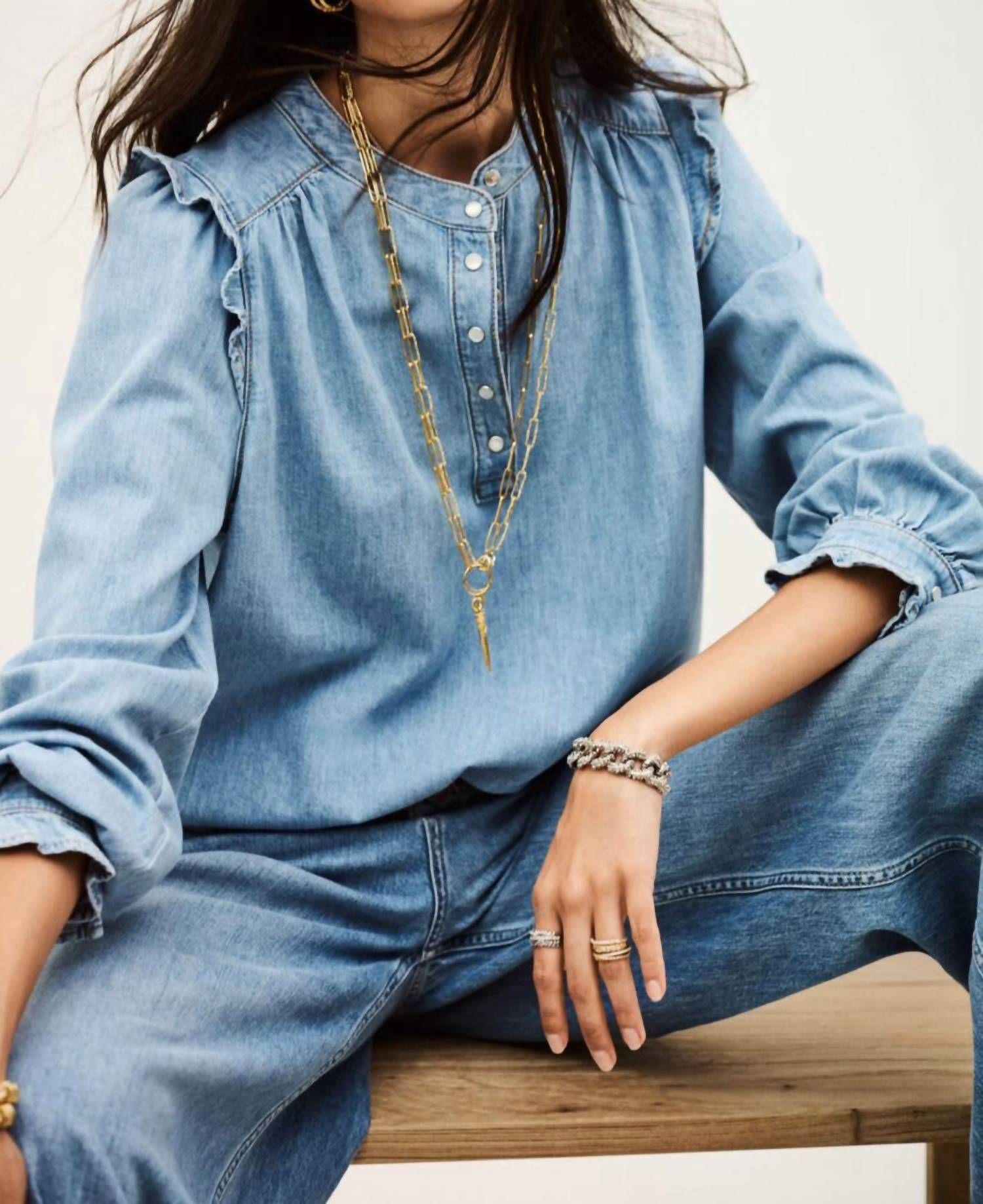 ba&sh Lio Denim Top in light used blue - women's shirt - alternate view