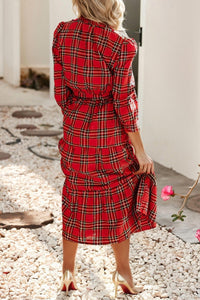 Little Daisy Closet - Plaid V Neck Tie Waist Ruffle Hem Midi Dress