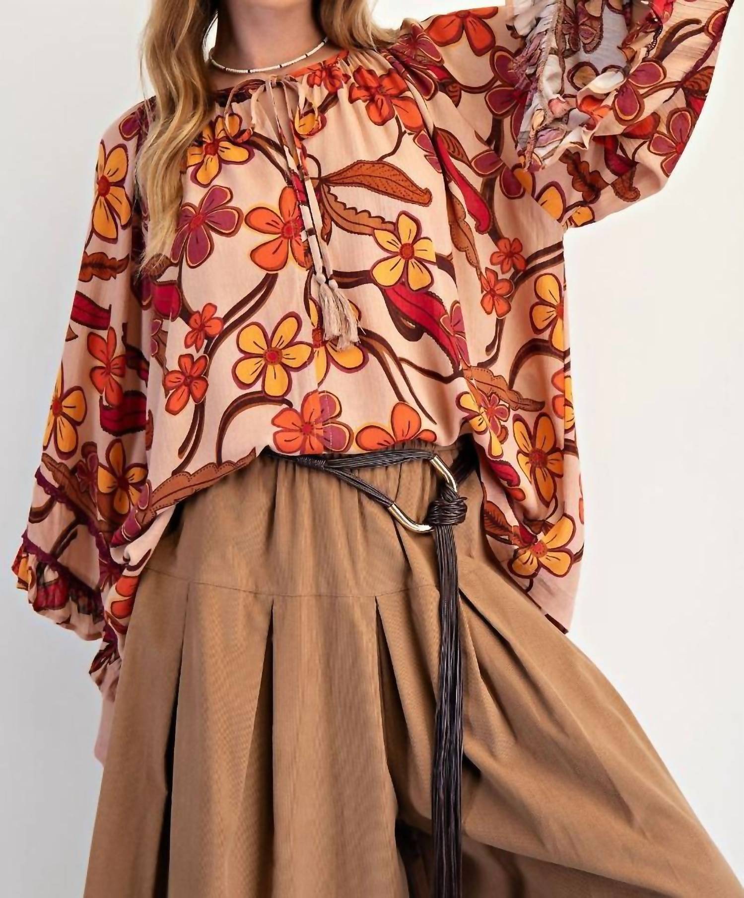 Easel - Floral Print Rayon Gauze Top