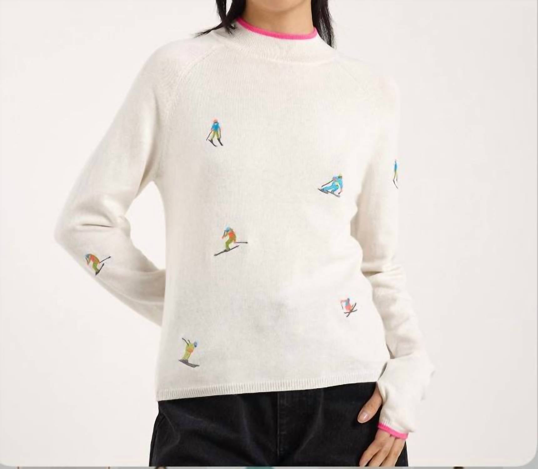 Brodie Cashmere - Ditsy Ski Embroidery Mock Neck Sweater