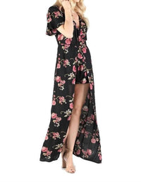 ANGIE Floral Maxi Romper in black - women's pants - detail view