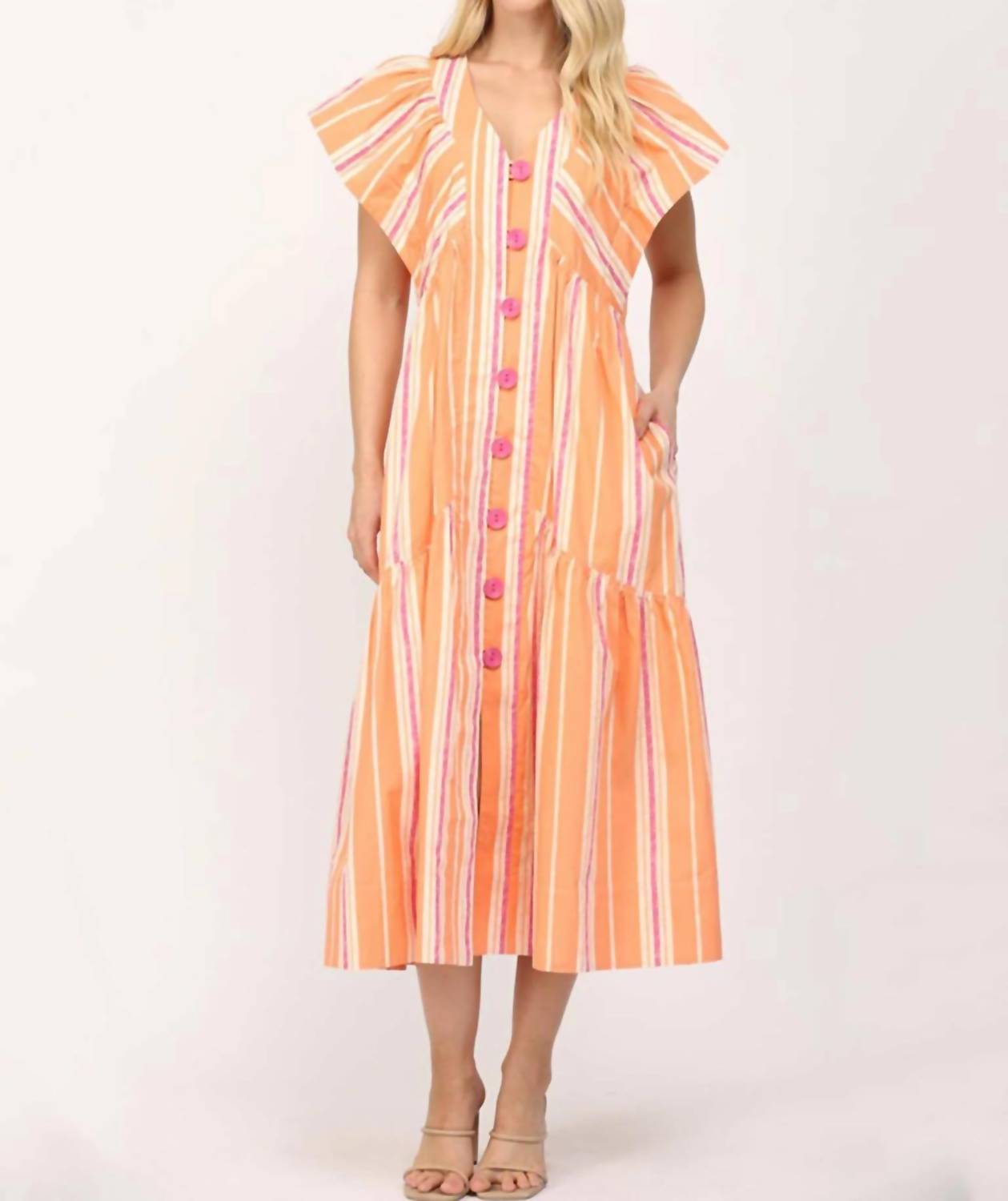 Fate - Stripe V-Neck Midi Dress with Swirl Button