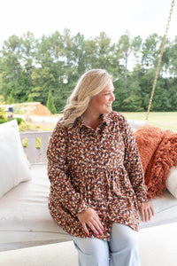 umgee Autumn Corduroy Collared Top in brown floral - women's blouse - alternate view