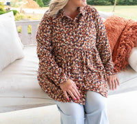 umgee Autumn Corduroy Collared Top in brown floral - women's blouse - detail view